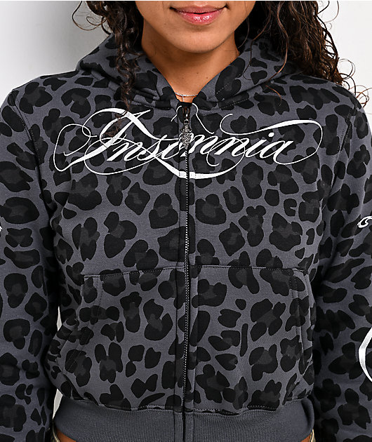 Insomnia Visuals Script Black Cheetah Crop Zip Hoodie