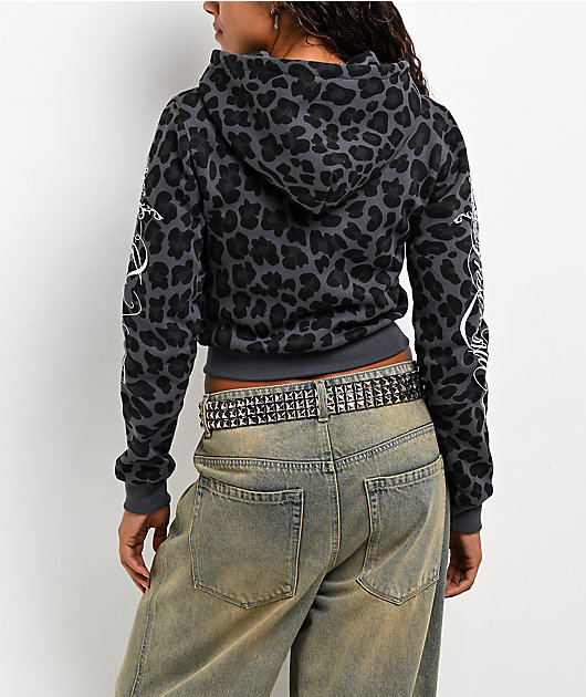 Insomnia Visuals Script Black Cheetah Crop Zip Hoodie