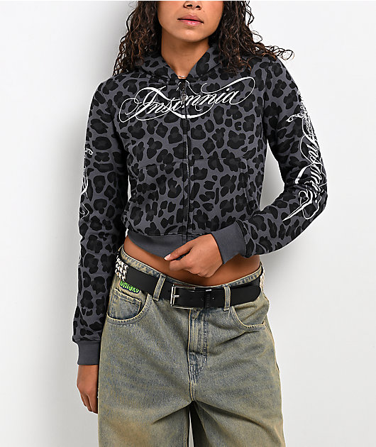 Insomnia Visuals Script Black Cheetah Crop Zip Hoodie