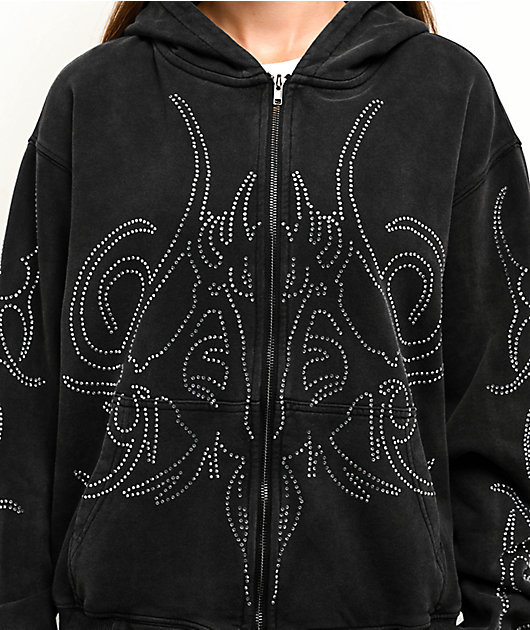 Insomnia Visuals Sigil Rhinestone Black Crop Zip Hoodie | Zumiez