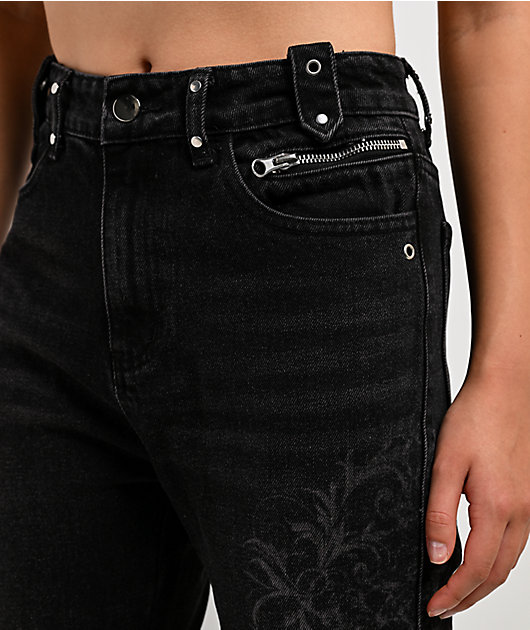Insomnia Visuals Thorns Black Wash Mid Rise Flare Jeans