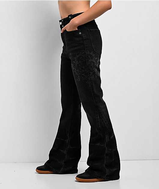 Insomnia Visuals Thorns Black Wash Mid Rise Flare Jeans