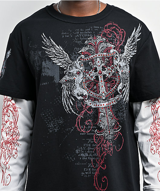 Insomnia Visuals Winged Cross Black & White 2fer Long Sleeve T-Shirt