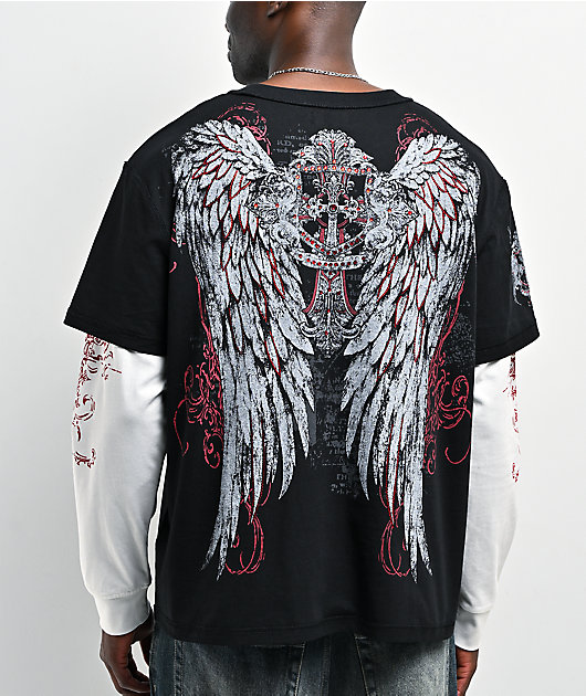 Insomnia Visuals Winged Cross Black & White 2fer Long Sleeve T-Shirt