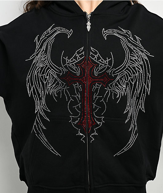 Insomnia Visuals Winged Cross Rhinestone Black Zip Hoodie