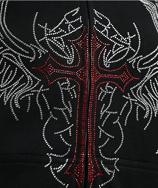 Insomnia Visuals Winged Cross Rhinestone Black Zip Hoodie