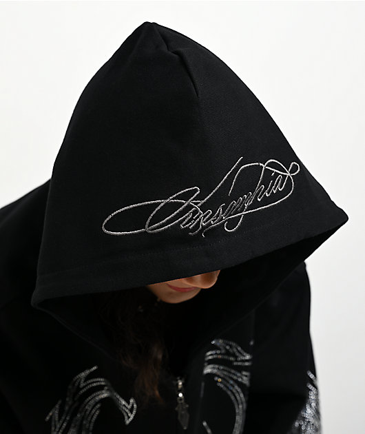 Insomnia Visuals Winged Cross Rhinestone Black Zip Hoodie