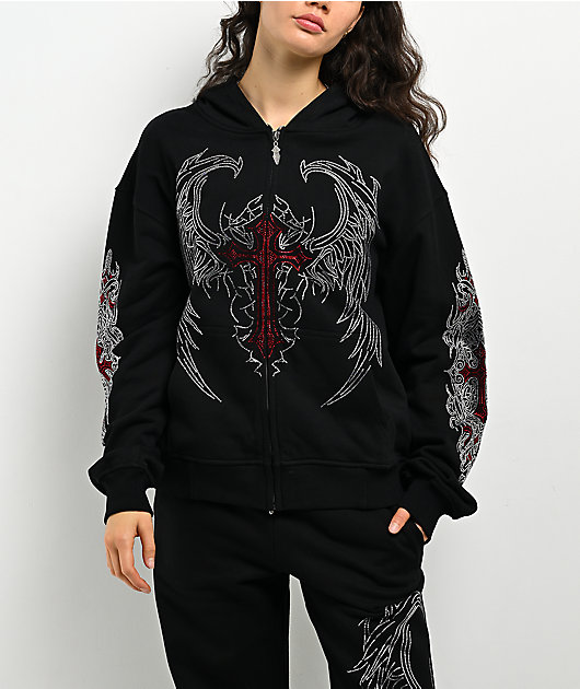 Insomnia Visuals Winged Cross Rhinestone Black Zip Hoodie