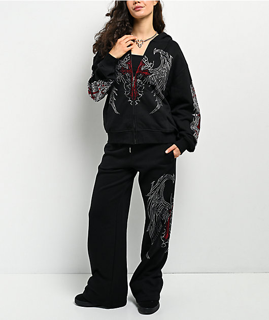 Insomnia Visuals Winged Cross Rhinestone Black Zip Hoodie