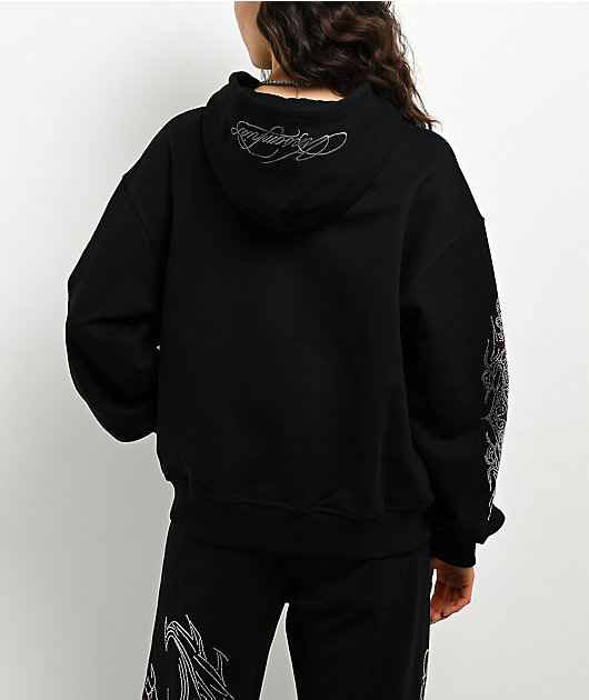 Insomnia Visuals Winged Cross Rhinestone Black Zip Hoodie