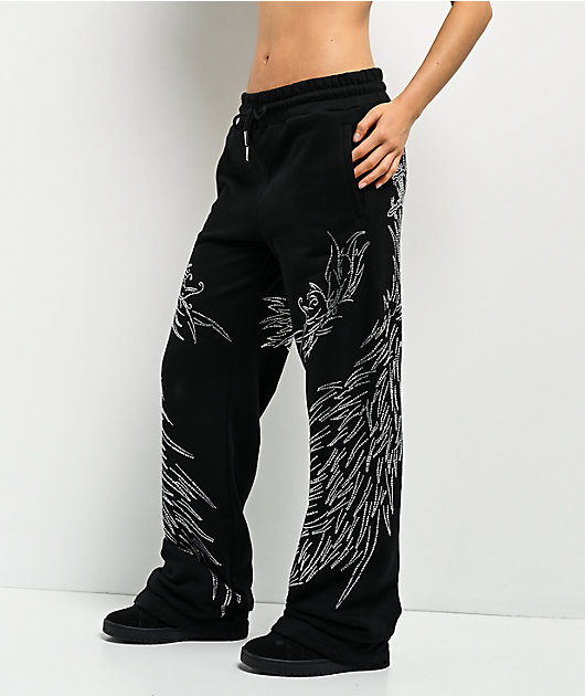 Insomnia Visuals Wings Rhinestone Black Sweatpants