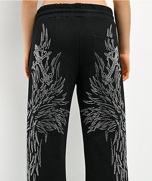 Insomnia Visuals Wings Rhinestone Black Sweatpants