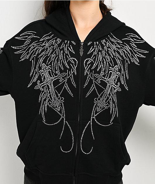 Insomnia Visuals Wings Rhinestone Black Zip Hoodie