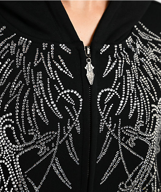 Insomnia Visuals Wings Rhinestone Black Zip Hoodie