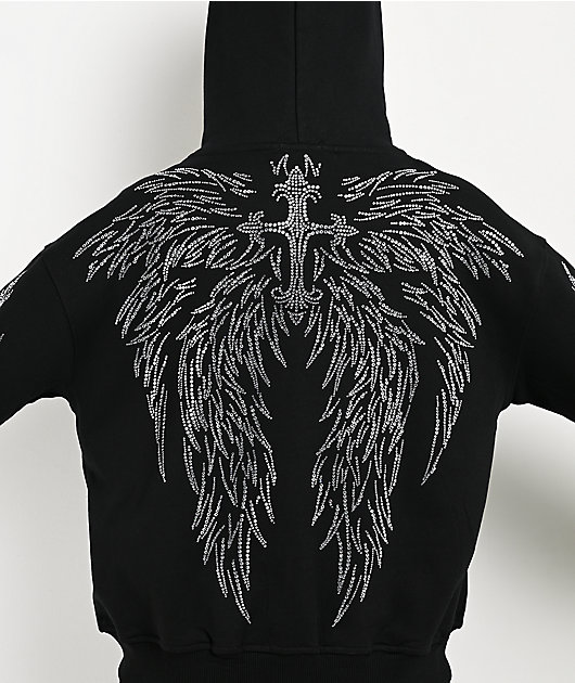 Insomnia Visuals Wings Rhinestone Black Zip Hoodie