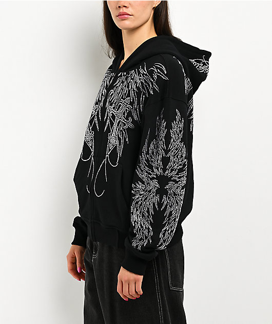 Insomnia Visuals Wings Rhinestone Black Zip Hoodie