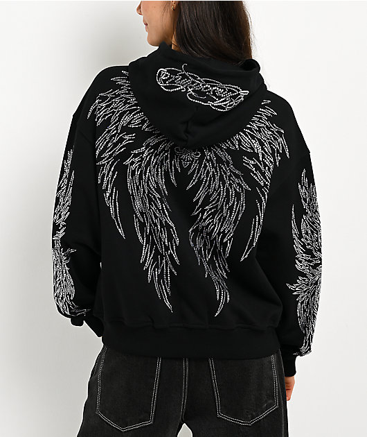 Insomnia Visuals Wings Rhinestone Black Zip Hoodie