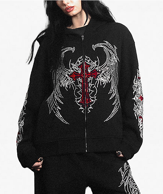 Insomnia Visuals Wings Rhinestone Black Zip Hoodie