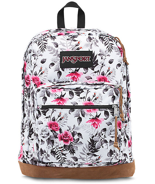 white jansport backpack with flowers