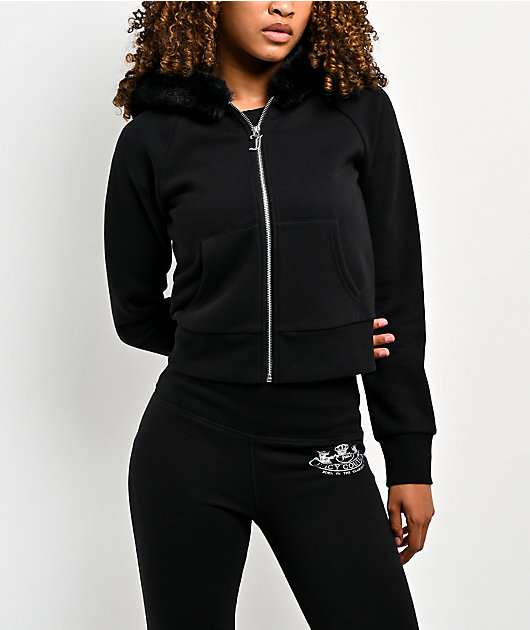 Juicy Couture Faux Fur Black Crop Zip Hoodie | Zumiez
