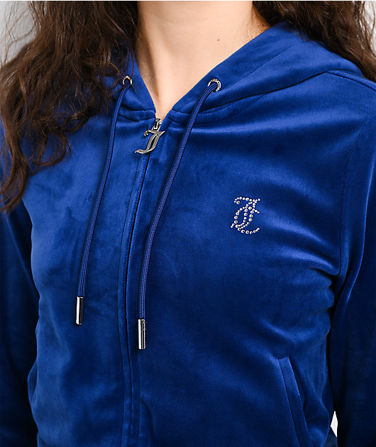 Juicy Couture OG Big Bling Varsity Blue Velour Zip Hoodie
