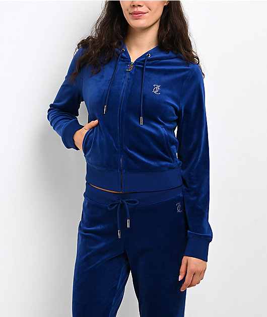 Juicy Couture OG Big Bling Varsity Blue Velour Zip Hoodie