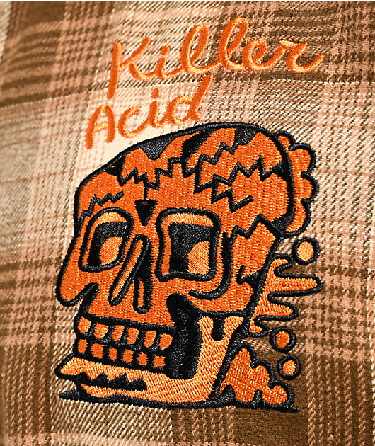 Killer Acid Skully Brown Plaid Long Sleeve Button Up Shirt