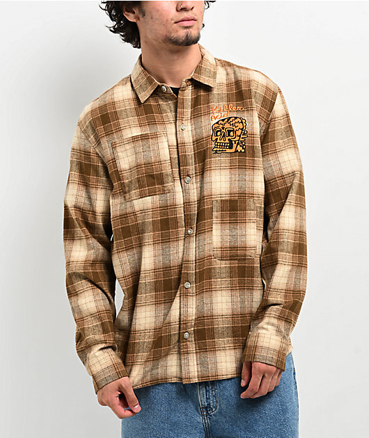 Killer Acid Skully Brown Plaid Long Sleeve Button Up Shirt | Zumiez