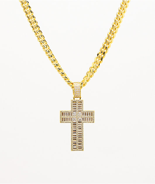 King Ice Flooded Cross Gold Necklace