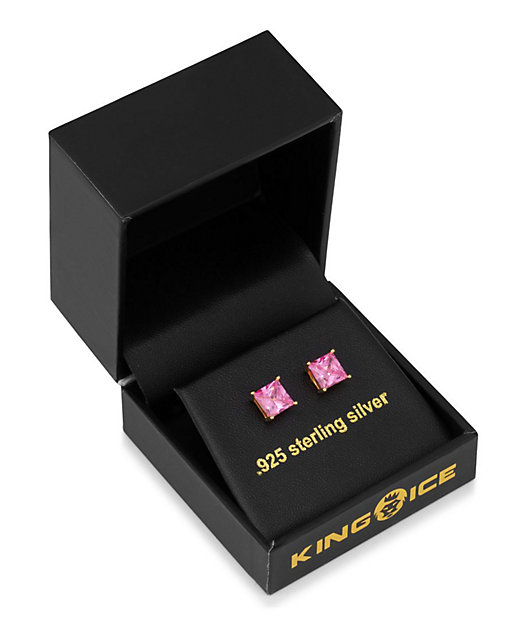 King Ice Gold & Pink Princess Cut Earrings