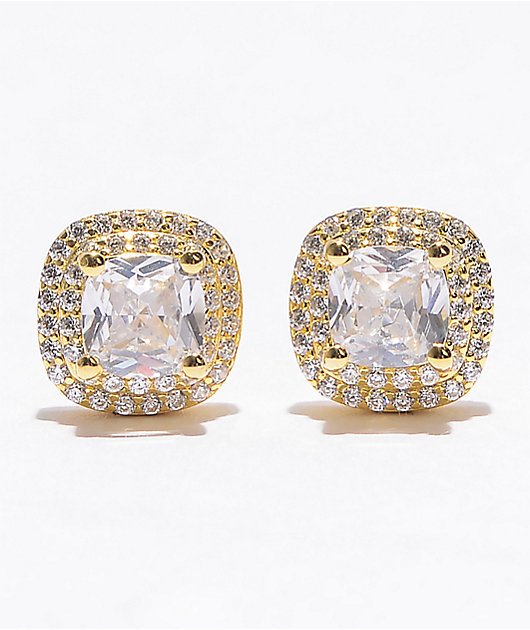 King Ice Iced Square Frame Gold Stud Earrings