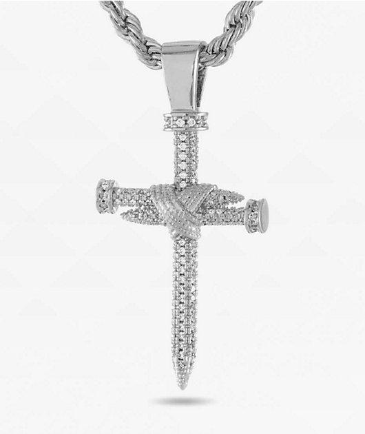 King Ice Nail Cross 26" White Gold Chain Necklace