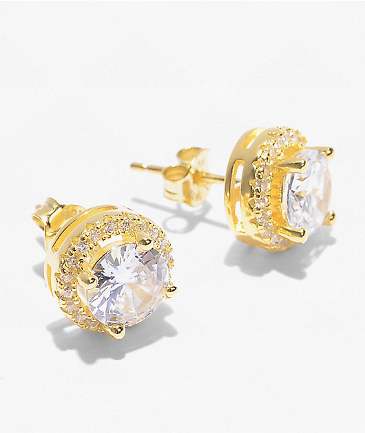 King Ice Round Frame Gold Stud Earrings