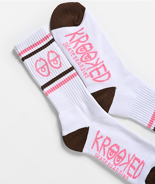 Krooked Eyes White, Pink & Brown Crew Socks