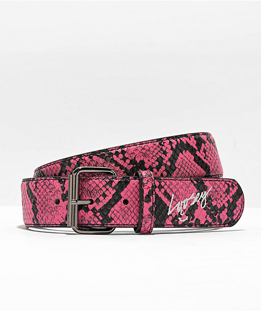 Final Sale Plus Size Snake Print Belt with Gold Buckle in Pink