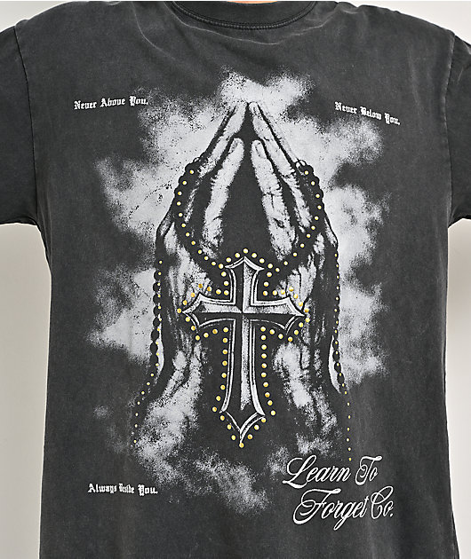 Learn To Forget Grace Cross Rhinestone Black Wash T-Shirt