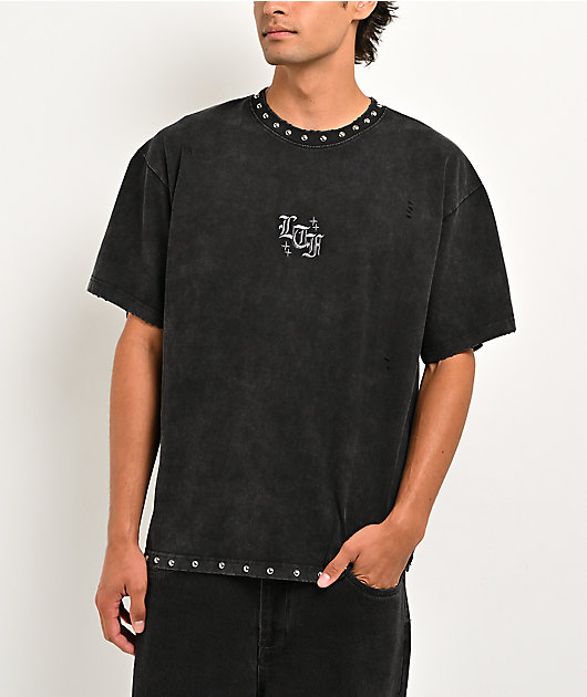 Learn To Forget Thrashed Studded Black Wash T-Shirt | Zumiez
