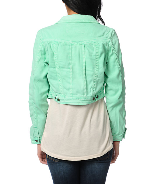 Sunset & Spring Womens Distressed Cropped Denim Jacket Size Medium Mint Green 