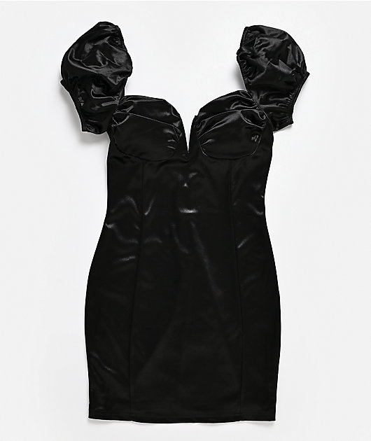 Lovesome Satin Babydoll Black Puff Sleeve Mini Dress