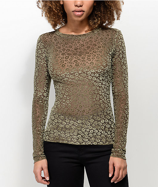 Lunachix Floral Velvet & Mesh Olive Long Sleeve Top