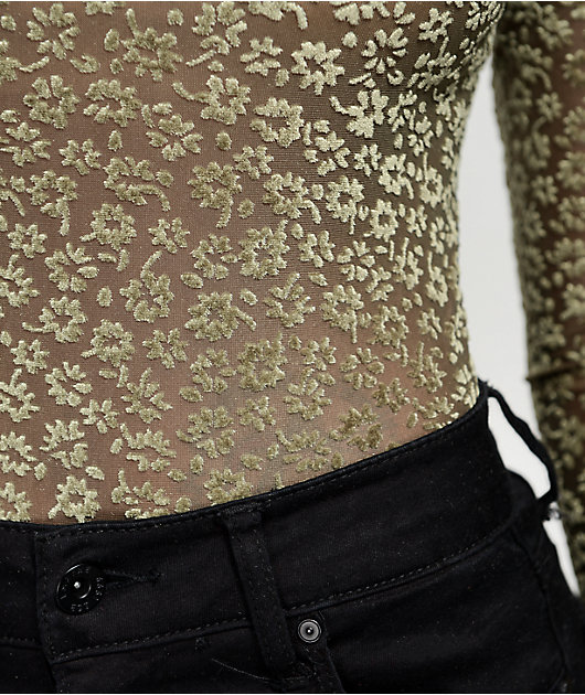 Lunachix Floral Velvet & Mesh Olive Long Sleeve Top