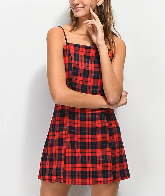 red and blue plaid dress