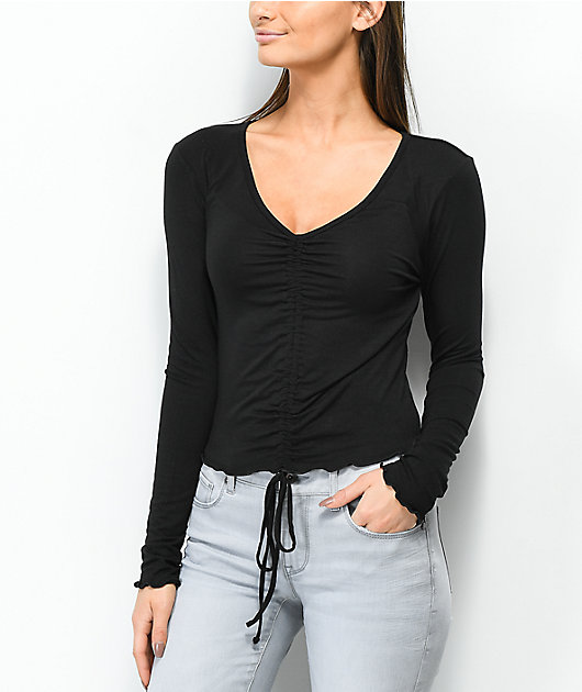 black ruched long sleeve top