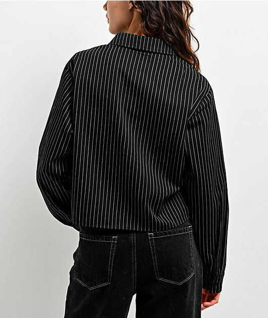 Lurking Class By Sketchy Tank Lurker Stripe Black & White Long Sleeve Crop Button Up Shirt