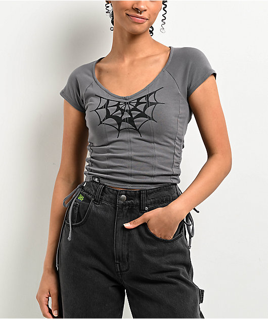 Lurking Class By Sketchy Tank Spider Webs Grey Cinch Crop