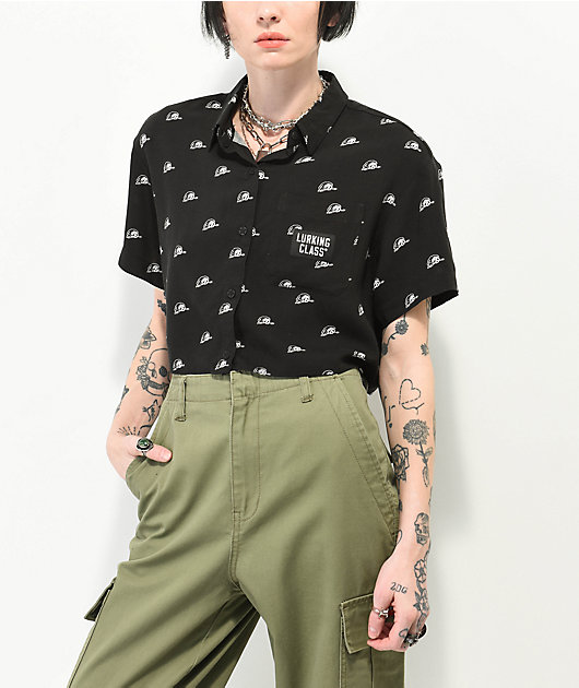 Lurking Class by Sketchy Tank Lurker AOP Black Crop Short Sleeve Woven Shirt