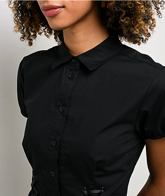 Lurking Class by Sketchy Tank Agnes Black Short Sleeve Button Up Corset Shirt