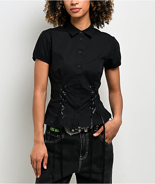 Lurking Class by Sketchy Tank Agnes Black Short Sleeve Button Up Corset Shirt