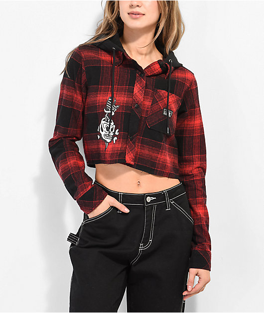 Lurking Class by Sketchy Tank Daggers Red & Black Crop Hooded Flannel Shirt  | Zumiez