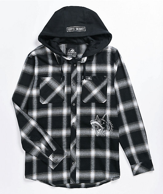 Lurking Class by Sketchy Tank K-9 Black & White Plaid Hooded Flannel Shirt